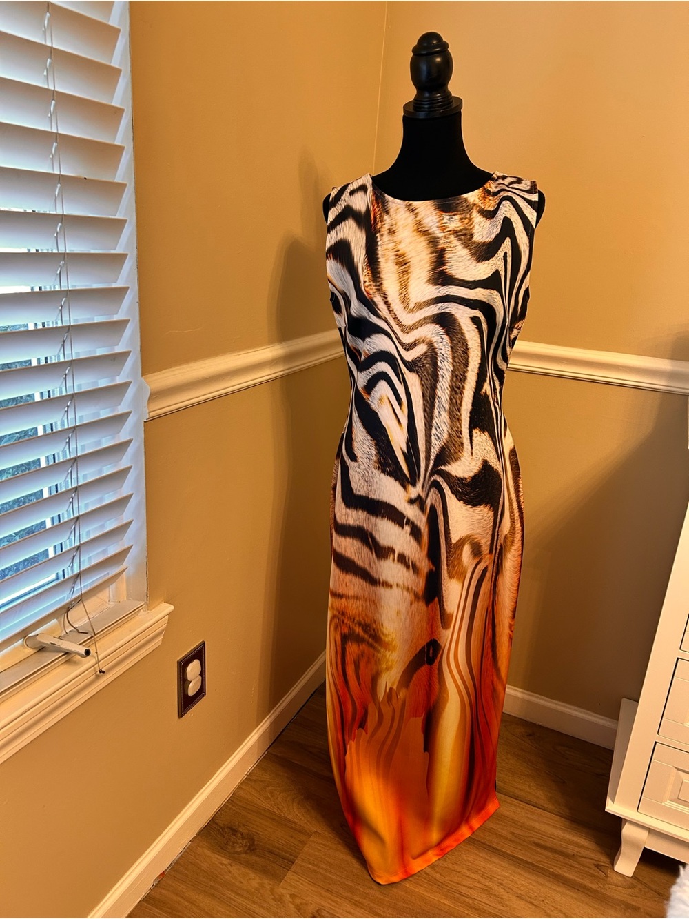 VENUS Sleeveless Maxi Dress in Black, White & Orange Zebra Swirl